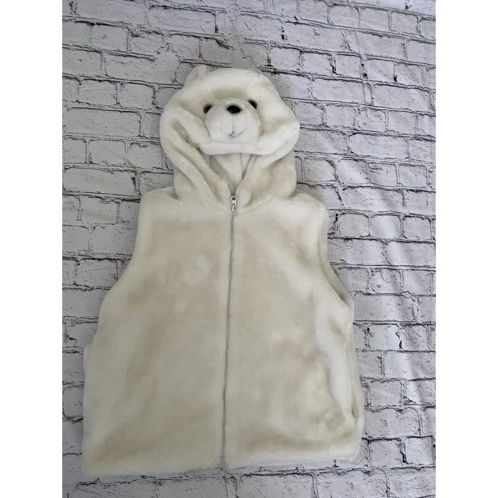 Fleece Polar Bear White‎ Faux Fur White Hooded Vest Size Small Youth Vintage Zip